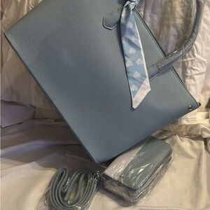 Stylish Light Blue Tote Bag with Matching Accessories